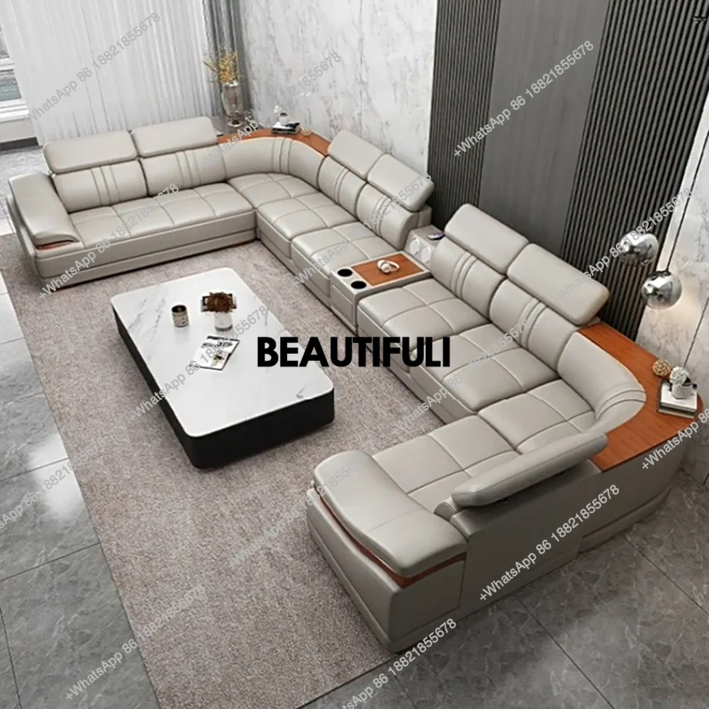 C139 Elegant Leather Sectional Sofas Sets with Cup Holder, Adjustable Headrests & Bluetooth Speaker - MINGDIBAO Living Room Couc