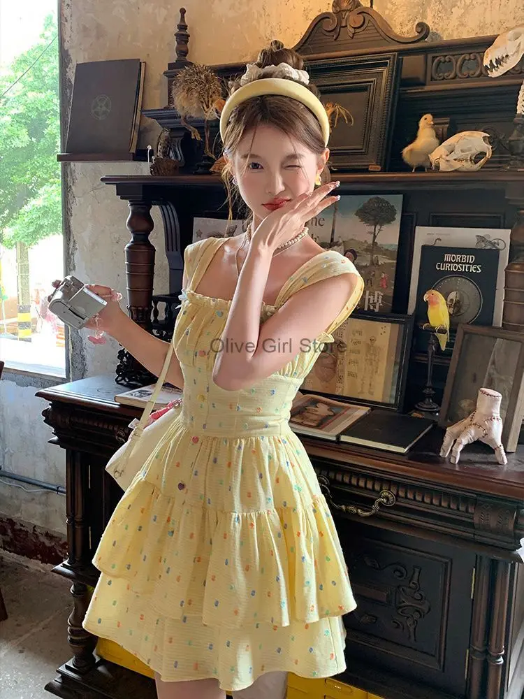 

INS Kawaii Dress Y2k Sweet French Polka Dot Floral Camisole Dress New Summer Collection Waist Princess Mini Dress Party Beach