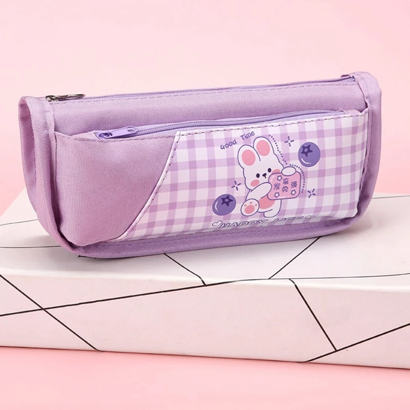 1 Piece Cute Pencil Case Leather Pencil Pen Case Purple Rabbit Pattern Stationery Pouch Holder Box