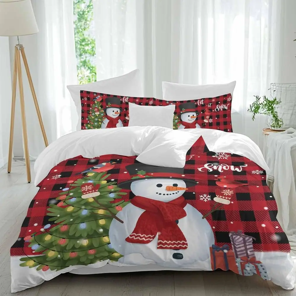 

Chrisas man Sheet Set, Cartoon Bird Xmas Tree Git lake Red Plaid 4 Pieces Breathable Sot Duvet Cover Set Bedding Cozy Bed lat Sh