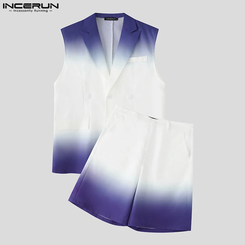 INCERUN Men Sets Tie Dye Gradient Lapel Vests & Shorts Two Pieces Sets Loose Streetwear 2025 Fashion Casual Men's Suits S-5XL