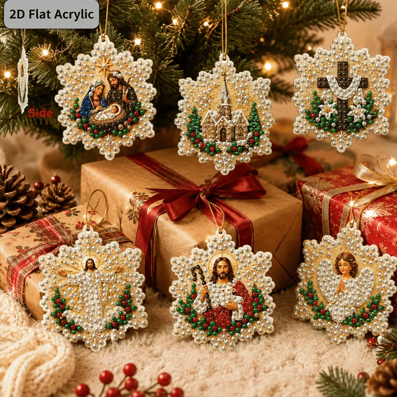 2D Flat 6Pcs DIY Snowflake Shaped Diamond Painting Kit, Acrylic Religious Christmas Ornaments, Nativity Church Cross Jesus