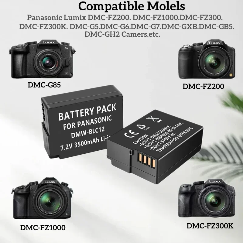 1-5Pack 3.5Ah Compatible with  DMW-BLC12,DMW-BLC12E,DMW-BLC12PP and  Lumix DMC-G85,DMC-FZ200,DMC-FZ1000Battery