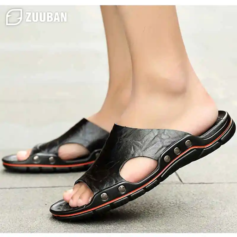 Mens Slippers Outdoor Summer Genuine Leather Slides for Men Couple Non-slip Women Home Fashion Casual Single Shoes Large Size