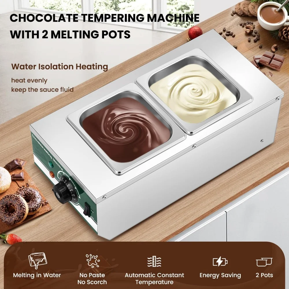 HAOYUNMA Chocolate Tempering Machine 86~230℉ Commercial Electric Melting 2-Pot 6.6LBs Stainless Steel Food Warmer Profess