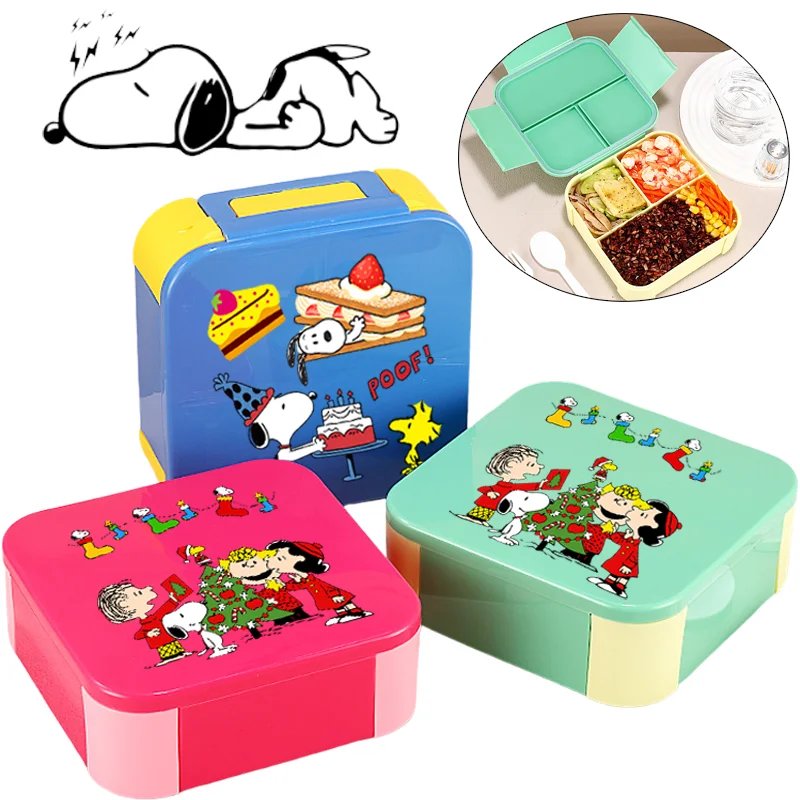

Snoopy Lunch Box Cartoon 3 Grid Plastic Bento Boxes with Spoon Fork Student Portable Food Container School Camping Picnic Box
