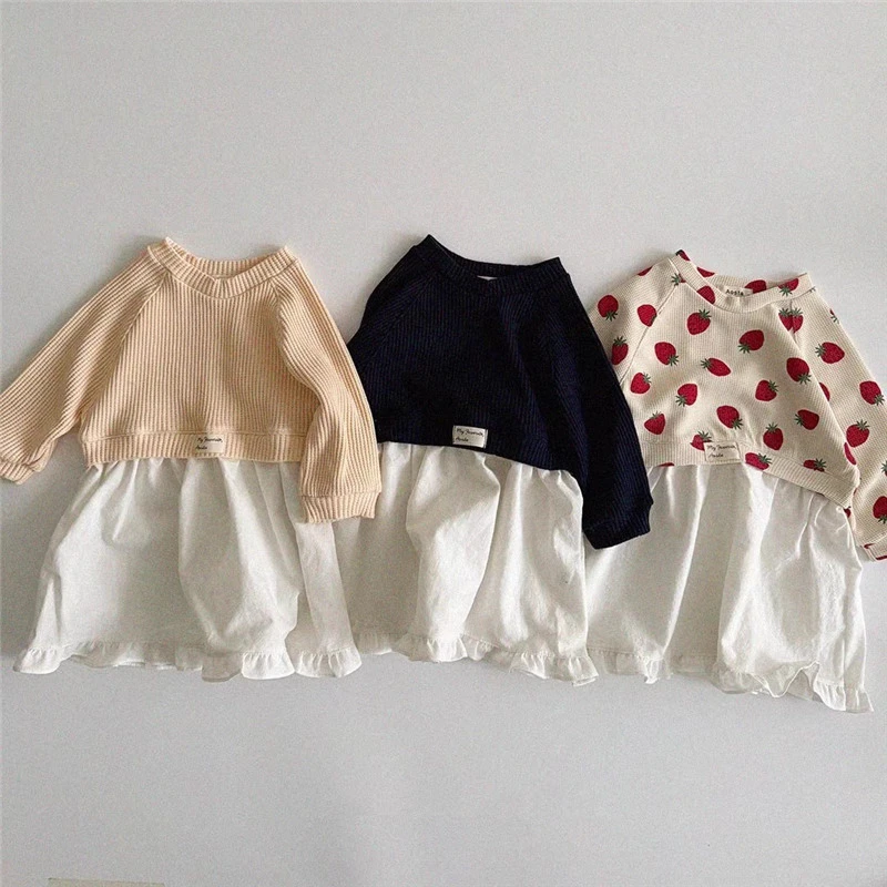 

2025 Autumn New Girls Splicing Dress Cotton Loose Children Long Sleeve Casual Dress Sweet Girls Princess Dress