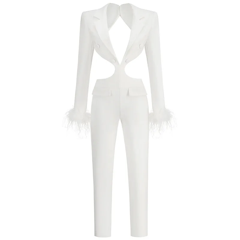 

Stylish sexy suit jumpsuit feather trim collar cuffs European American slim-fitting jumpsuit long pants 2 piece set woman traje