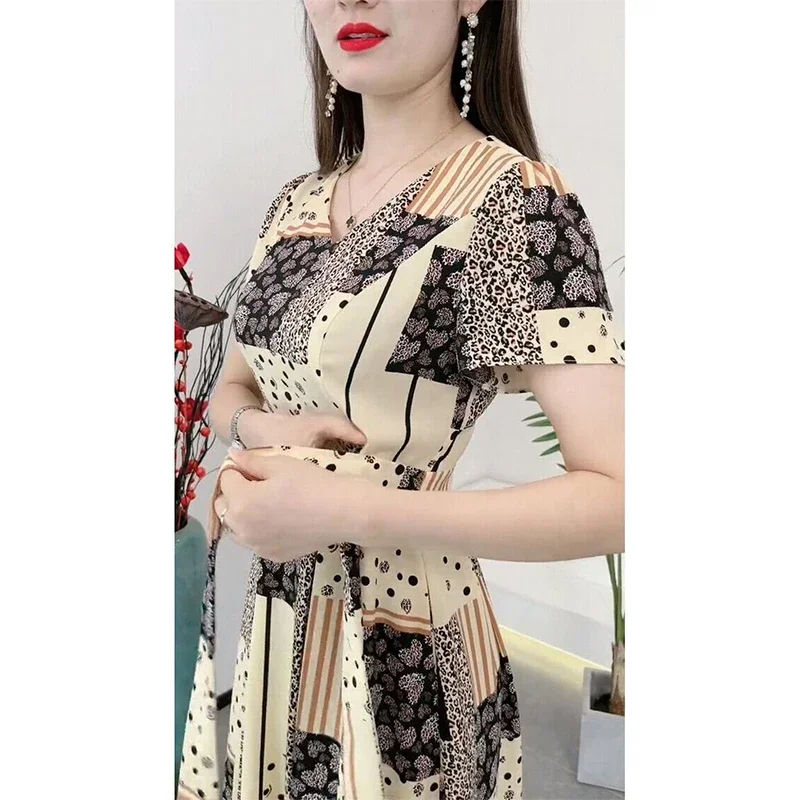 Summer New Women's Elegant Printing Lace Up Robe Ladies Korean Fashion Short Sleeve Dress Female V-neck Waist Vestidos De Fiesta