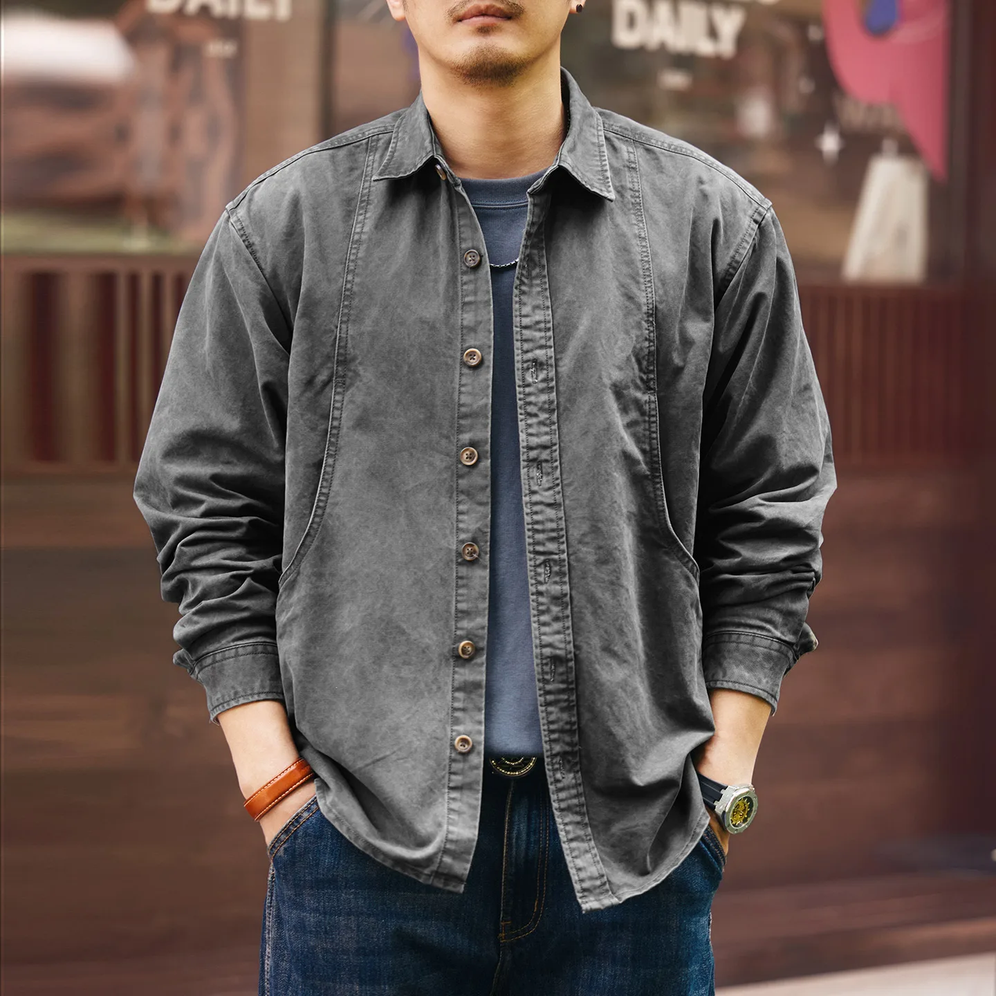 High-end Japanese retro design long-sleeved shirt men's washable casual workwear shirt jacket for spring and autumn