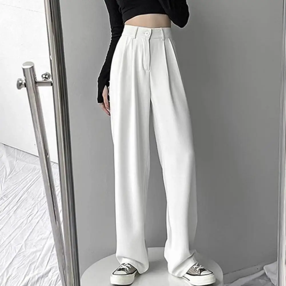 Women Suit Pants Elastic High Waist Straight Wide Leg Pants Slant Pockets Loose Office Trousers Casual Suit Trousers