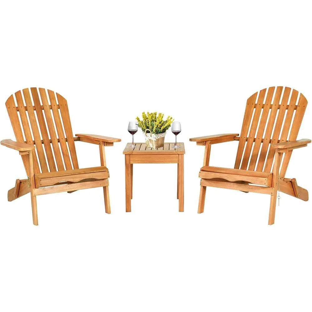 

Outdoor Wooden Patio Furniture Set: 2 Lounge Chairs & Side Table with Wide Armrests, Slatted Design for All-Weather Use