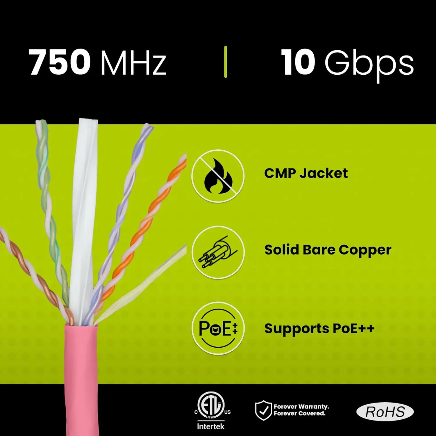 Cat6A пленум (CMP), 1000ft, розовый, 23AWG 4 пары твердой неизолированной меди, 750 МГц, PoE ++ (4PPoE), список ETL, неэкранированная витая пара