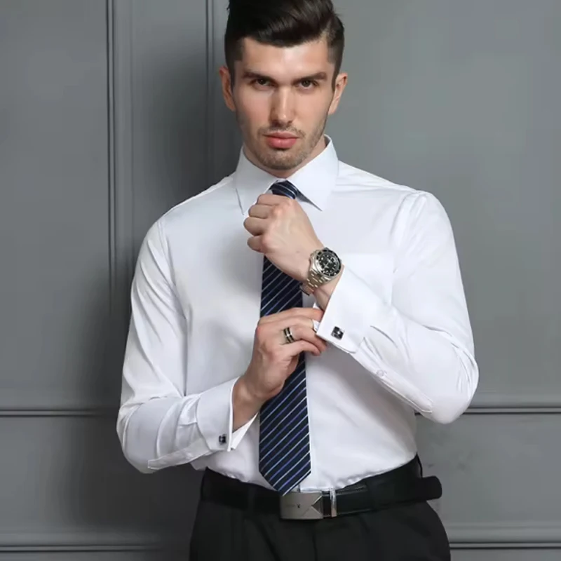 Camisa de manga larga para hombre, esmoquin de alta calidad, cuello de pie, vestido de boda, gemelos franceses blancos, novedad de 2024
