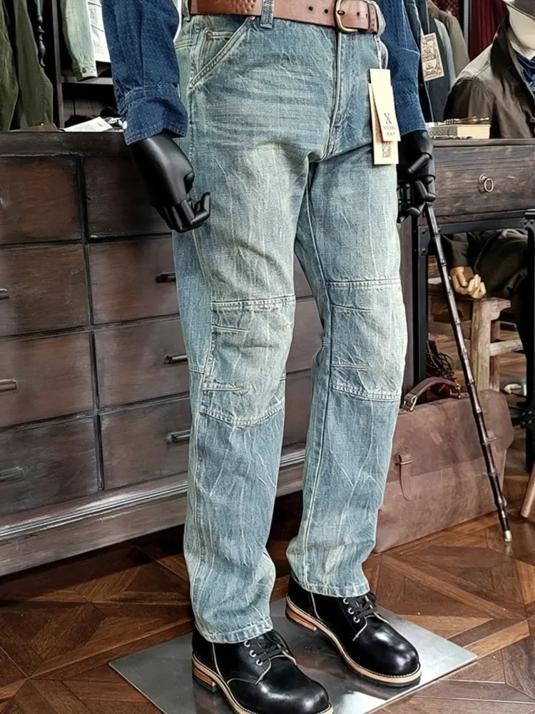 Amekaji Style Vintage Jeans Men three-dimensional Cut Casual Wash To Do Old Autumn And Winter Good Quality Pants