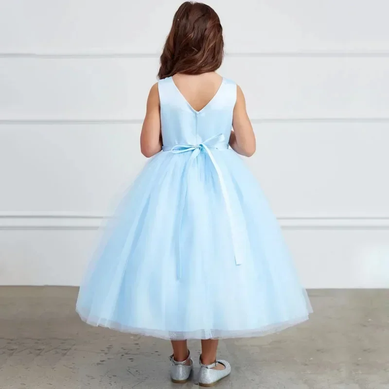 Sky Blue Flory Pattern With Ribbon Sleeveless For Wedding Birthday Party Banquet Princess Gowns Customized Flower Girl Dresses
