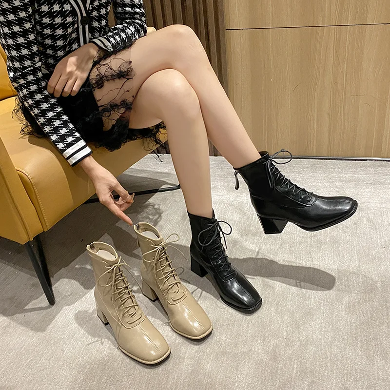 

Narrow Band Lace-Up Botas Para Dama Back Zipper Square Toe Solid Color Leather Botines Para Mujeres Chunky High Heels Retro Boot