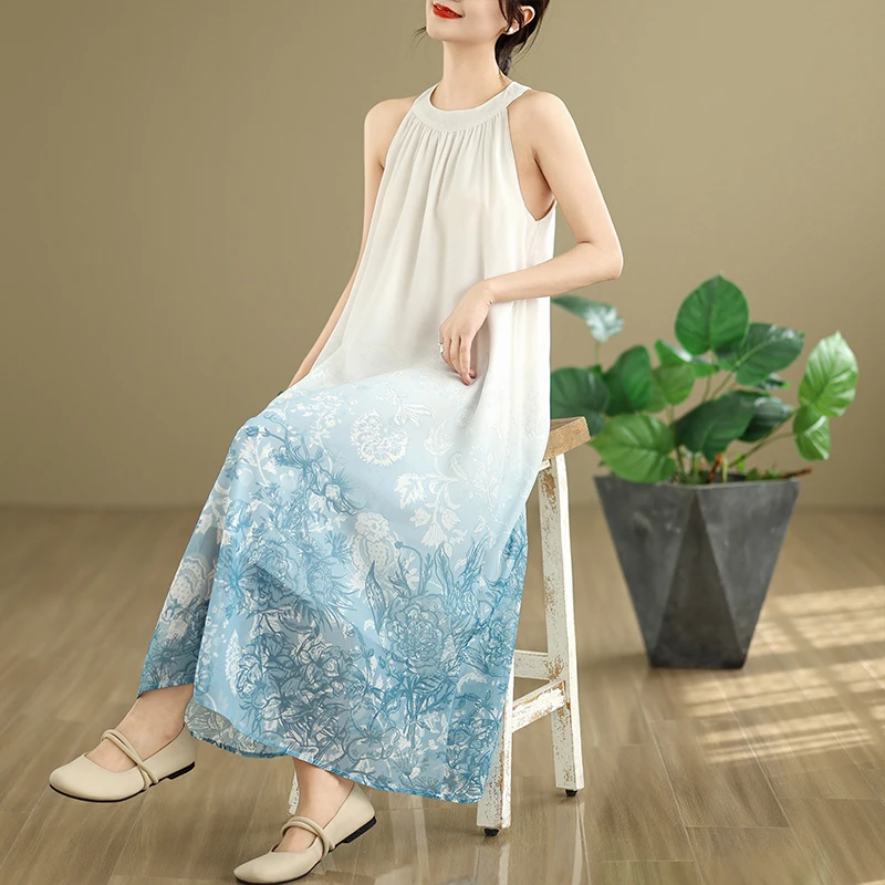 Estate delle nuove donne allentate Dr adient Stampa Svel Abito lungo Ne Design appeso Gonna a trapezio Miscela di cotone Abbigliamento casual