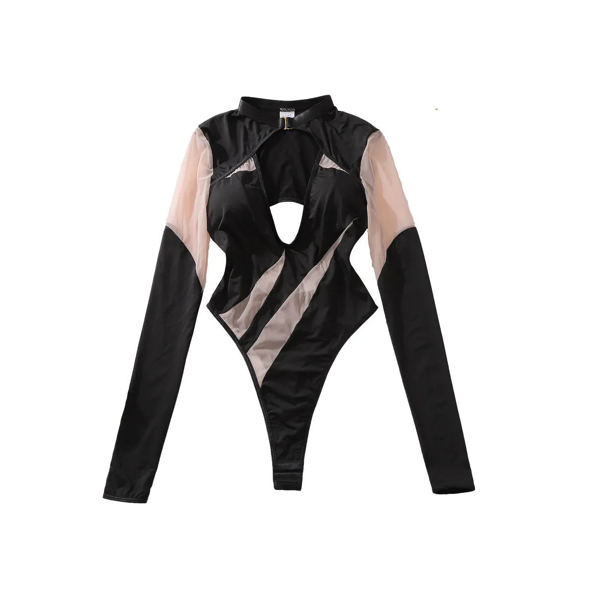 Sexy low-cut V-neck one-piece underwear, see-through mesh, contrasting color, backless, slimming