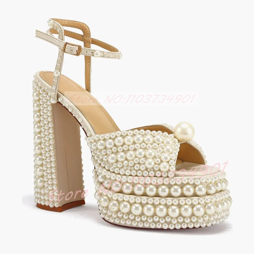 المرأة الأبيض اللؤلؤ صنادل أرضية حزام الكاحل مع مشبك المفتوحة تو Bowknot كتلة الكعوب الصنادل لوكس لوليتا حفل زفاف