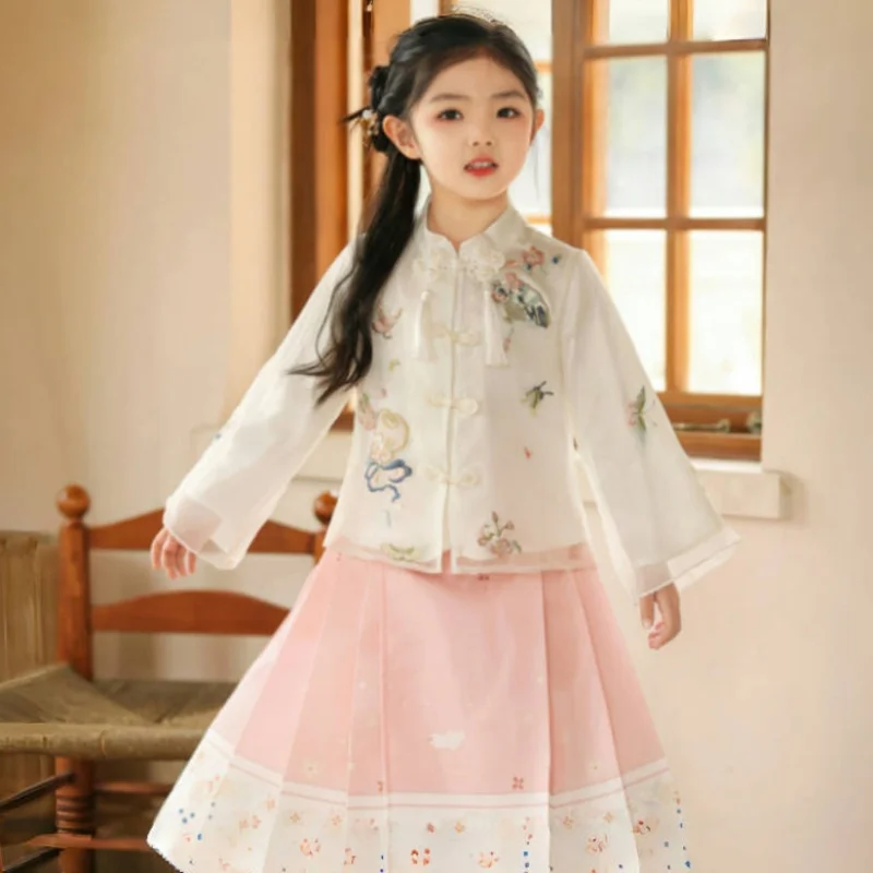 New Chinese Style Costume Traditional Improved Hanfu Two Piece Set of White Button Top and Pink Print Horse Face Skirt for Girls