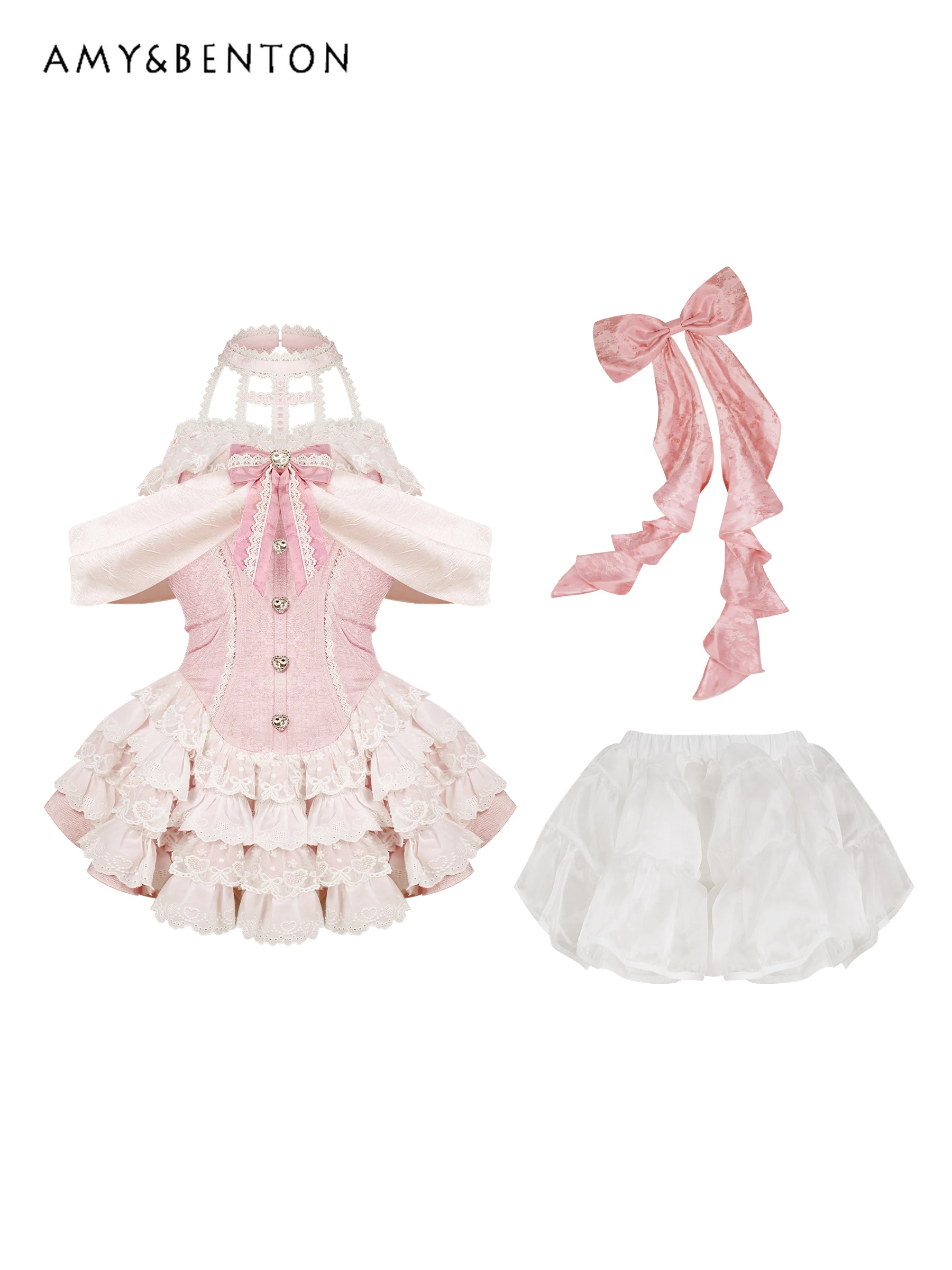 Robe Jacquard rose pour filles, tenue de princesse, tempérament d'été, mignon, col licou, nœud, taille haute, Slim, Tutu