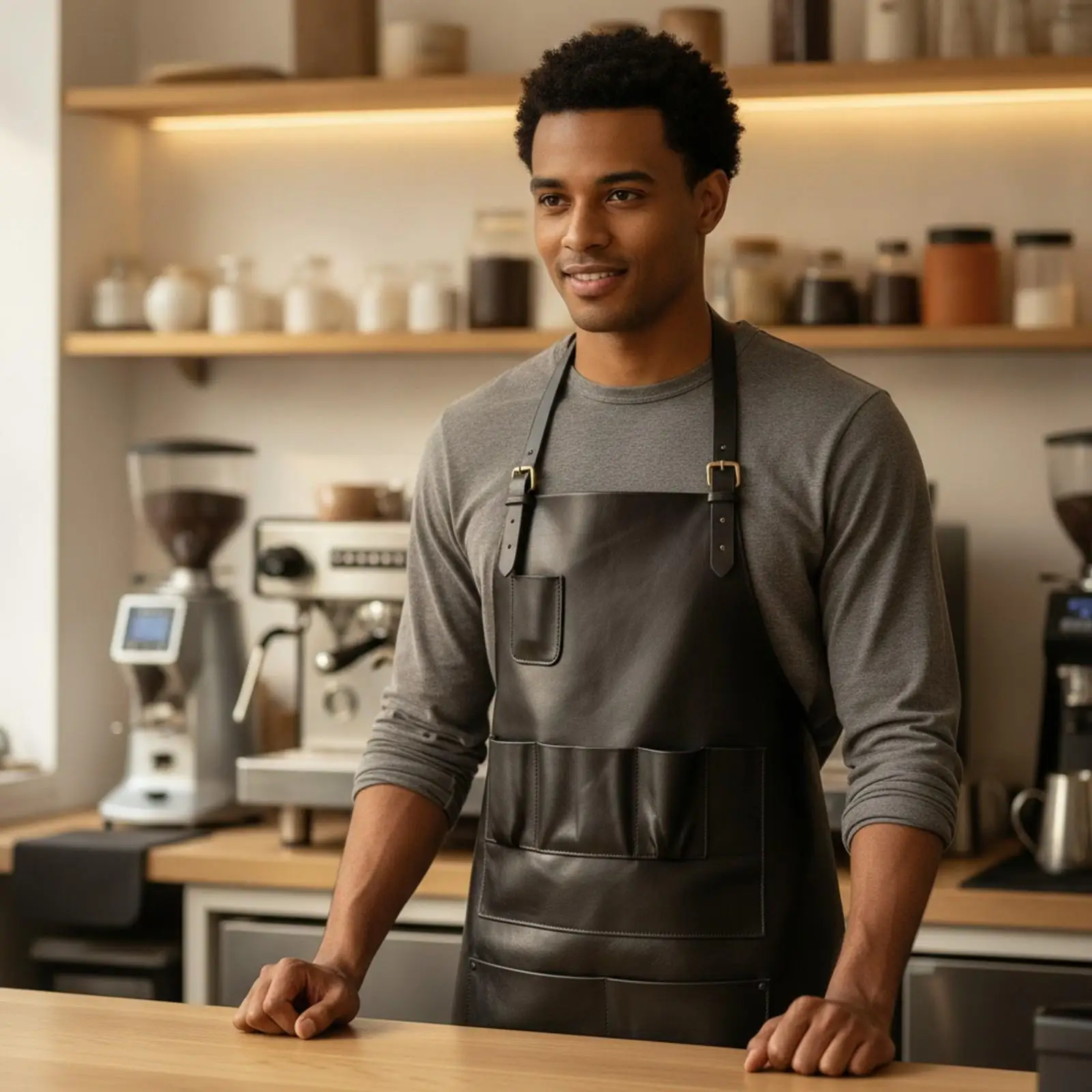 Wipe Clean PU Leather Work Apron Water Resistant with Tool Pockets for Cafe Salon Craft Workshop Painting and Barber