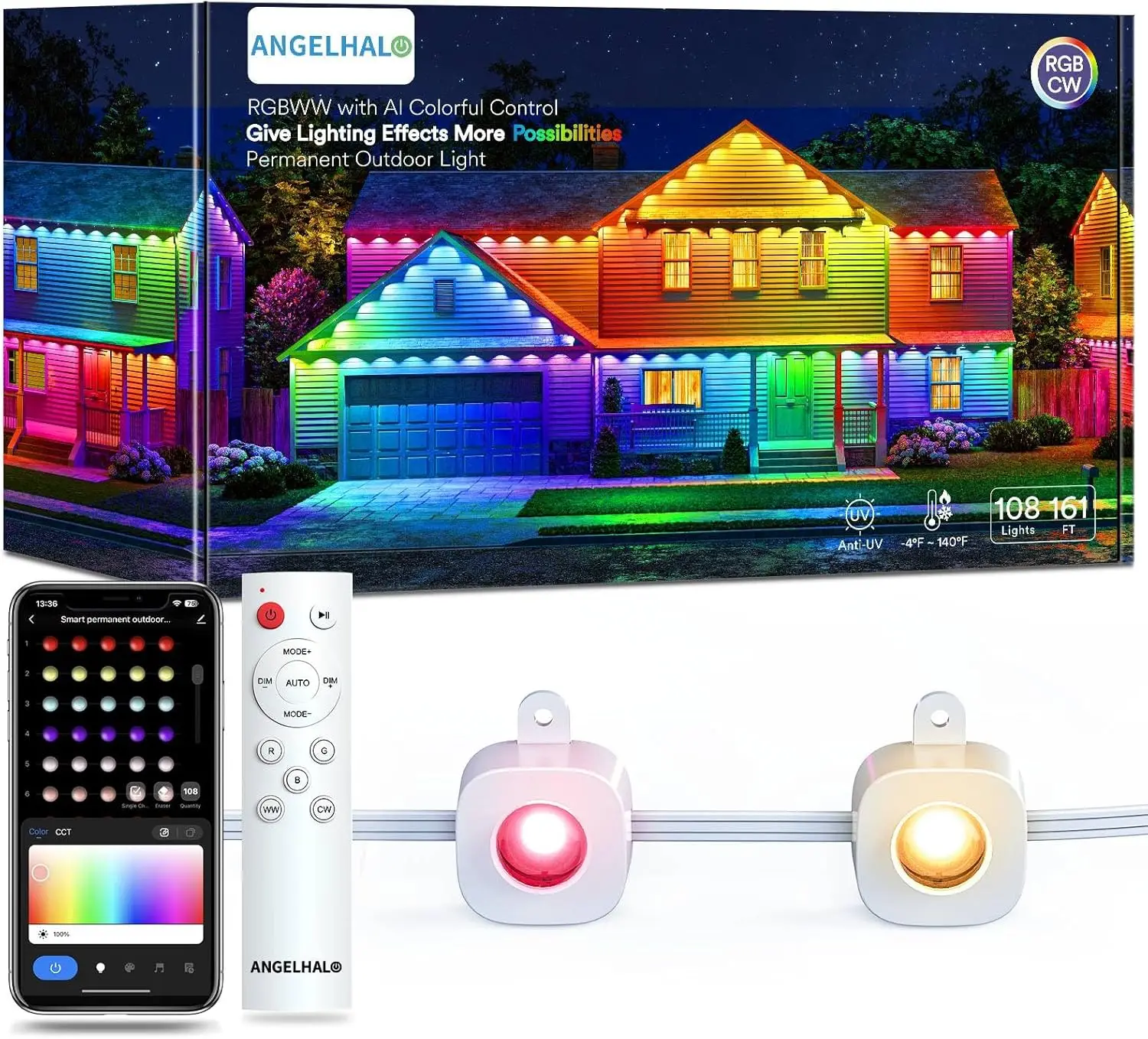 150ft Smart RGBAI Outdoor Lights with 108 LED Lights, Cool/Warm Eaves Lights IP65 Waterproof for Outdoor Decor, Garden Decor