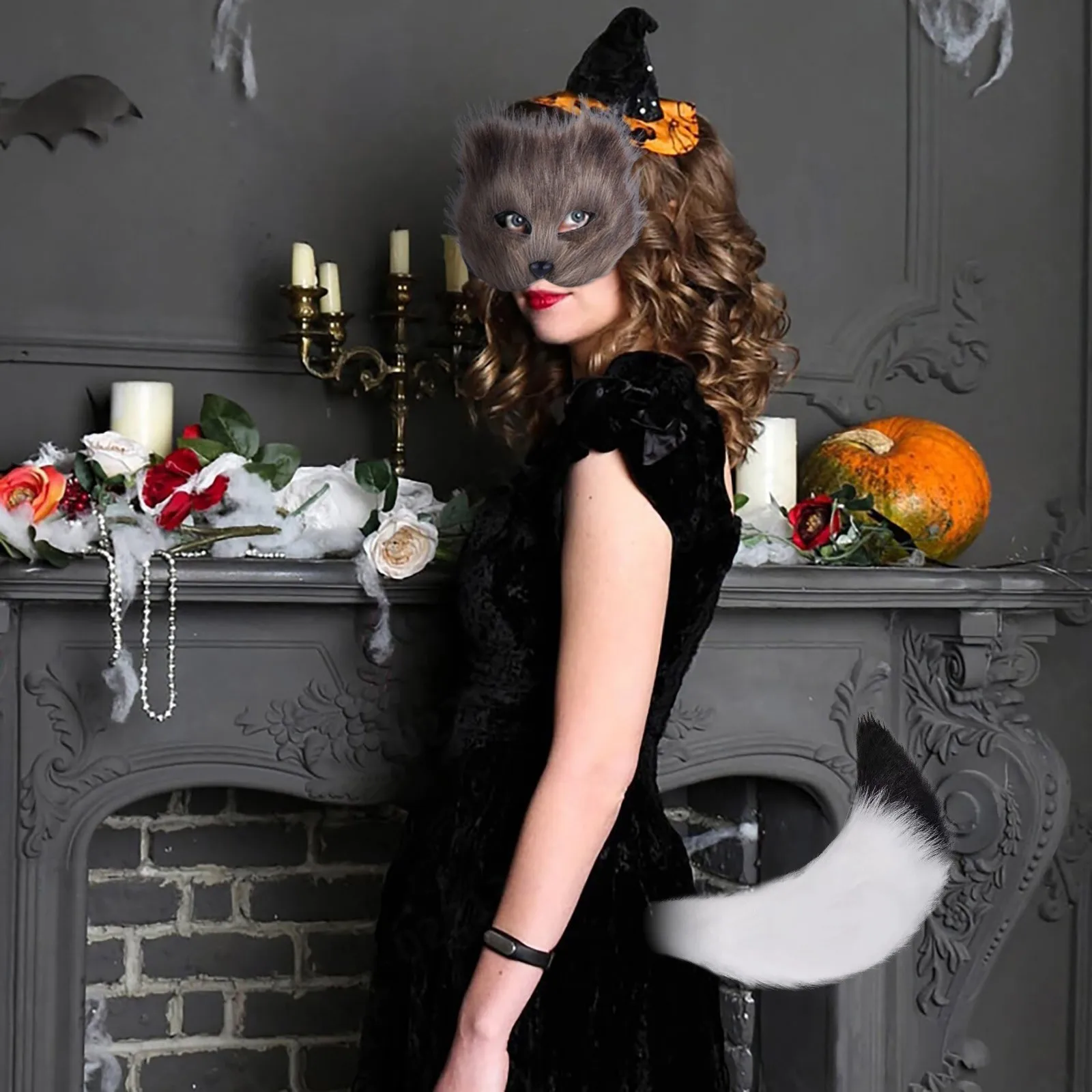 Sexy Maske und Schwanz Set Halloween Cosplay Kostüm Zubehör Katzen Maske Schwanz halbes Gesicht Faux Pelze Füchse Schwanz Katzen Maske Plüsch Schwanz