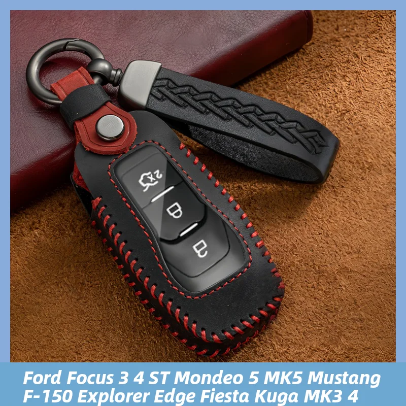 

For Ford Focus 3 4 ST Mondeo 5 MK5 Mustang F-150 Explorer Edge Fiesta Kuga MK3 4 Leather Car Remote Key Case Cover Holder