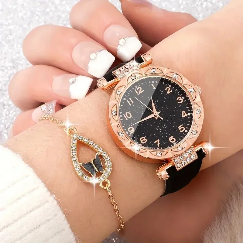 5 قطعة/المجموعة الساعات النسائية الفاخرة حجر الراين موضة أنيقة ساعة اليد كوارتز ساعة السيدات على مدار الساعة لفتاة هدية #3