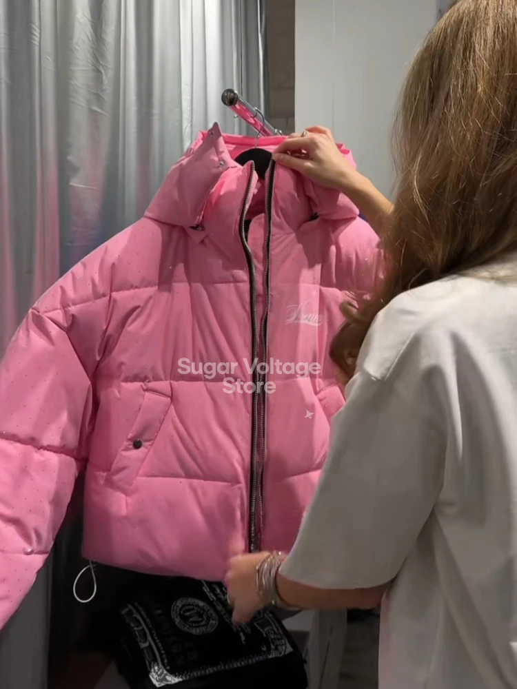 Chaqueta americana Vintage rosa con cremallera para mujer, abrigo de invierno acolchado holgado Unisex, ropa de calle Harajuku, ropa de abrigo informal gruesa y cálida