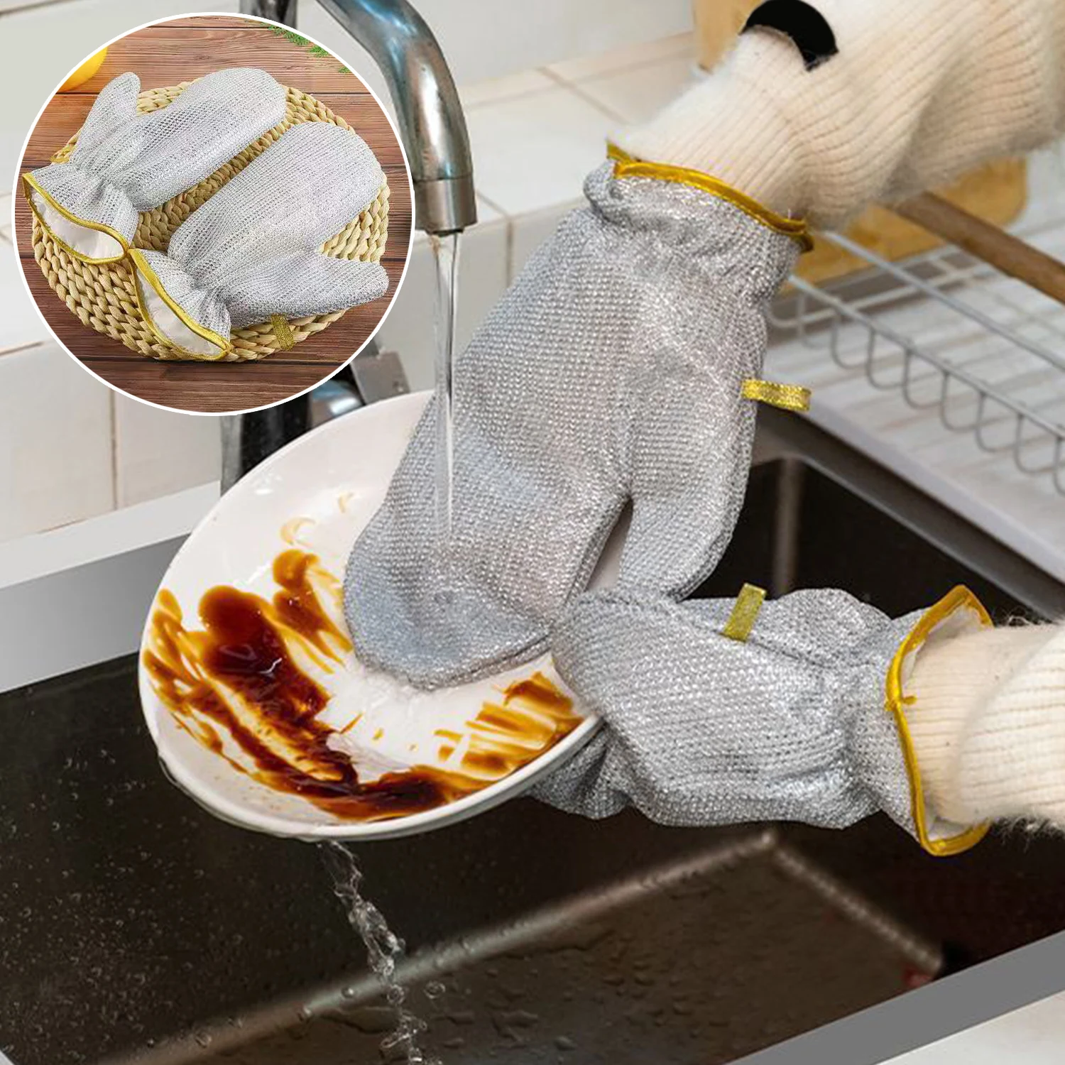 Housework Cleaning Gloves Steel Wire Ball Dishwashing Gloves Waterproof Brush Oil Bowl Artifact Household Cleaning Silver Glove