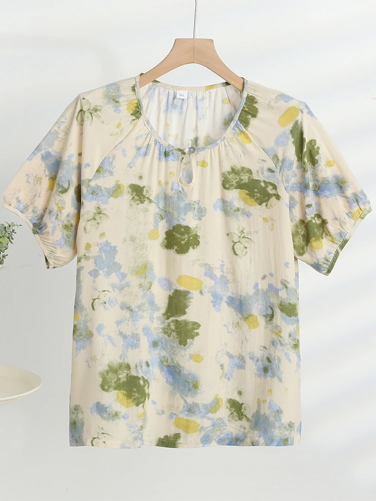 เสื้อยืดผ้าฝ้ายผสมไหมทรงหลวมสบายสำหรับผู้หญิงวัยกลางคนและผู้หญิงไซส์ใหญ่ เหมาะสำหรับฤดูร้อน