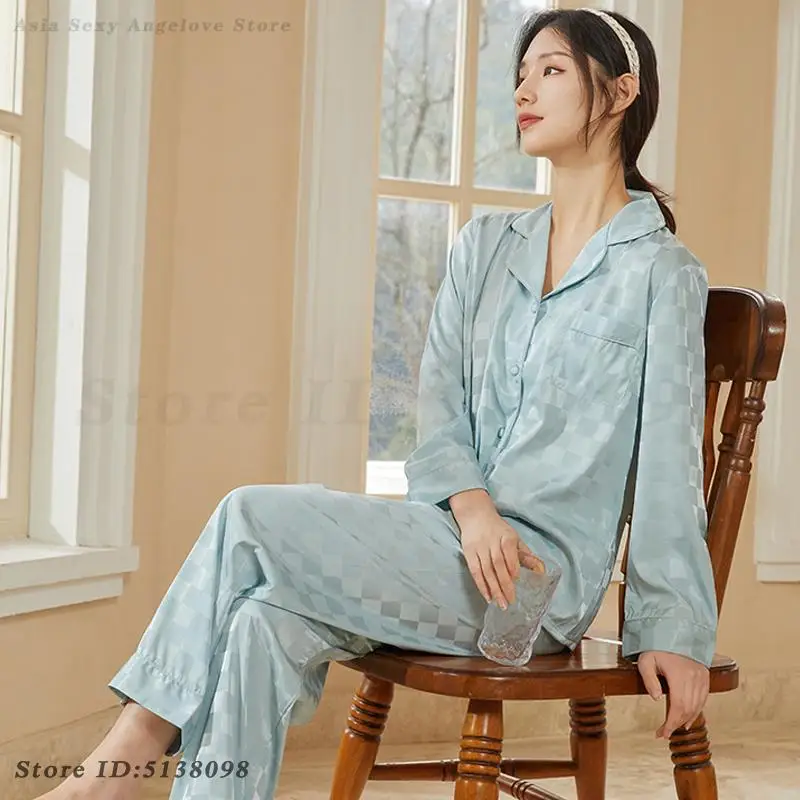 Blue Checkered Long Sleeved Pajamas Set Loose Casual Sleepwear Spring Thin Home Wear Female Sexy Intimate Lingerie Loungewear