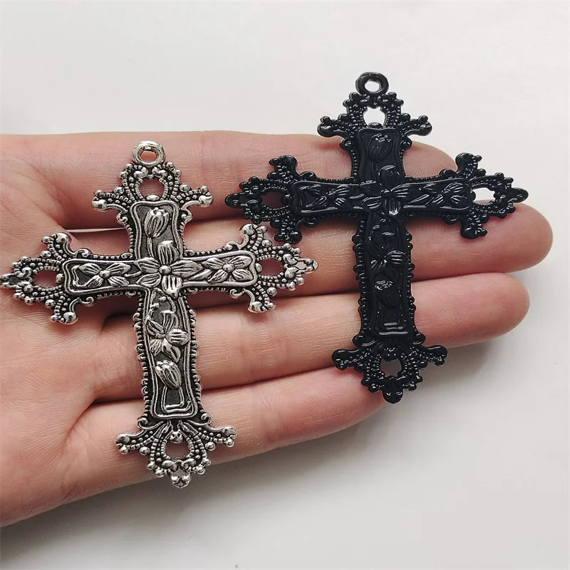 3pcs Black Color 74x53mm Large Cross With Flower Charms Religion Faith Pendant Fit DIY Handmade Jewelry Making Finding Supplies