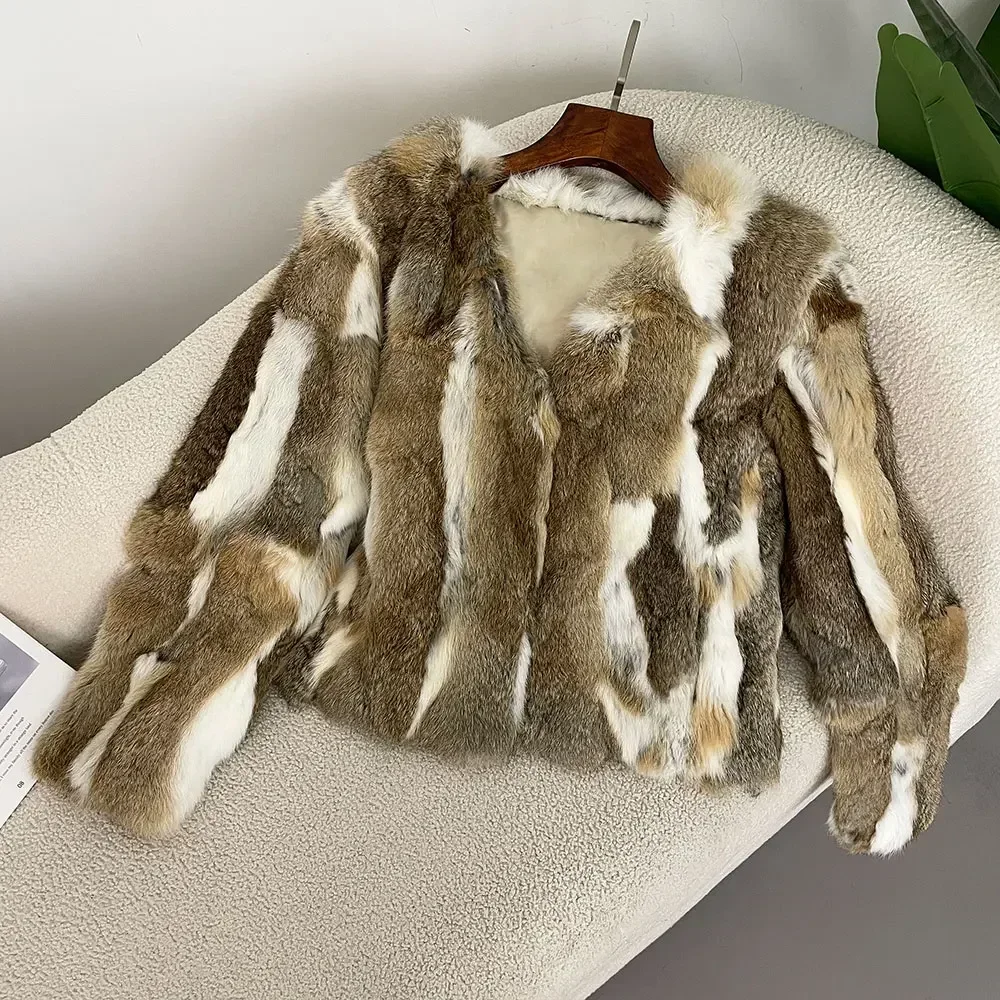 European Fashion Casual Fur Jacket Women\'s Thickened Warm Real Fur Coat Autumn Winter Leopard Print V-Neck Lazy Rabbit Fur Coat