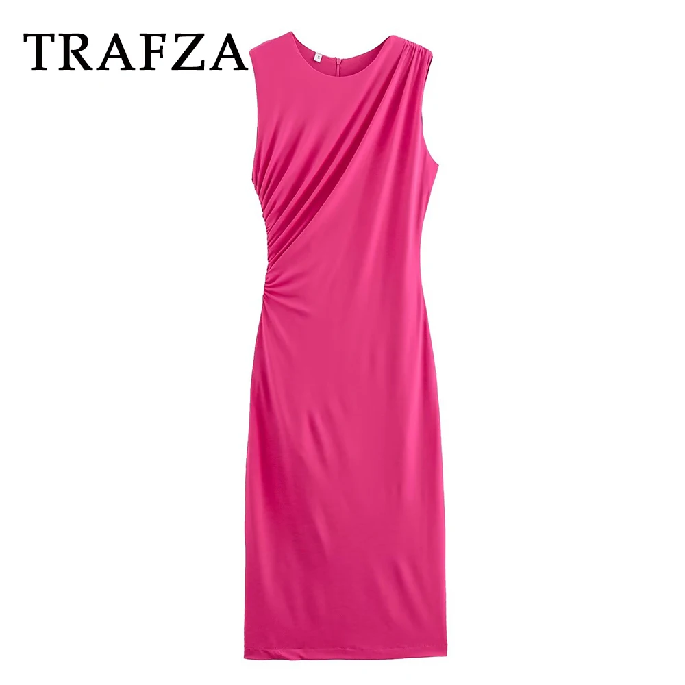 

TRAFZA 2024 Women Summer Casual Solid Dress Slim Zipper Draped Long Dress Sleeveless Folds Midi Dress Fashion Women Dress