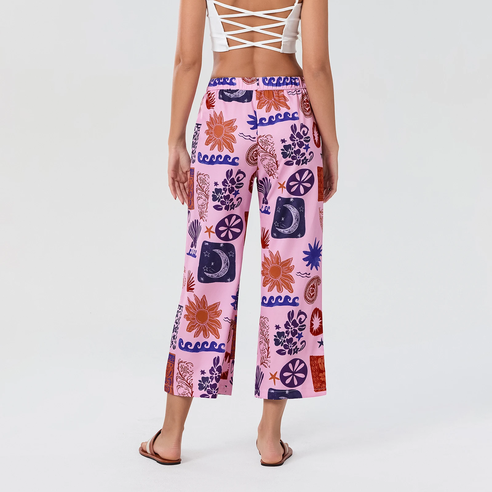 Pantalon à jambes larges imprimé vintage pour femmes, bande élastique adt, longueur mollet, fjStreetwear pour bas décontractés 03/Lounge