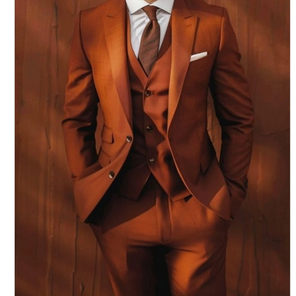 Burnt Orange Custom Made Wedding Suits 3 Pieces (Jacket+Vest+Pants) Slim Fit Bespoke Tuxedo Peaked Lapel Groom Prom Banquet Suit