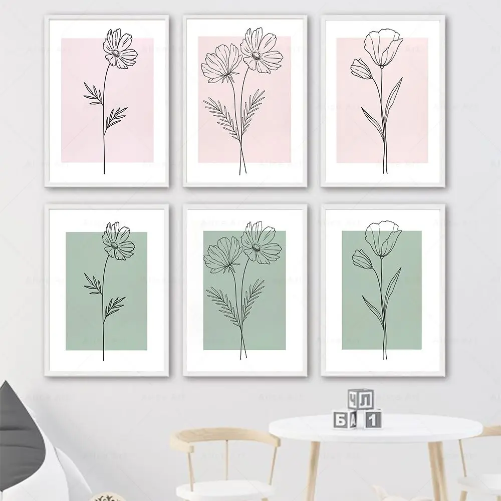 

Botanical Line Art Flowers Pink Green Canvas Painting Posters Wall Art Prints Minimalist Pictures Living Room Bedroom Home Decor