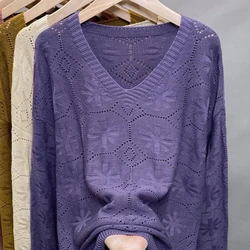 V-neck Hollowed Out Sweater Women's Pullover Sweater Knit Sweater with Inner Lining Loose Top Trendy