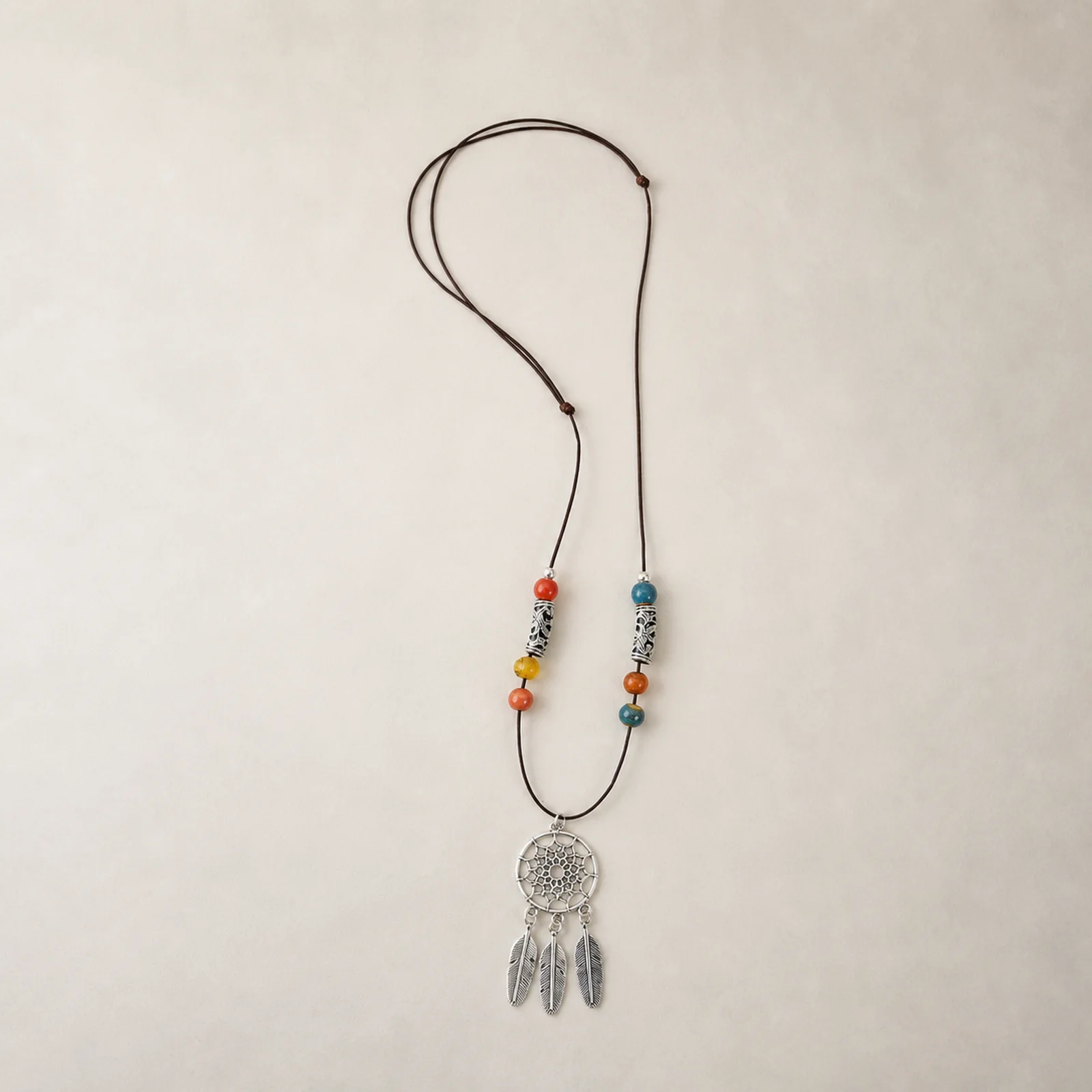 Handmade Ceramic Bead Necklace Waxed Cord Handwoven Alloy Mesh Pendant Adjustable Artisan Statement Jewelry 608P3-04