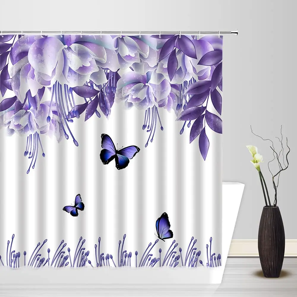 

Flower Butterfly Shower Curtain Purple Watercolor Floral Plant Butterfly Nature Scenery Bath Curtains Bathroom with Hooks Decor