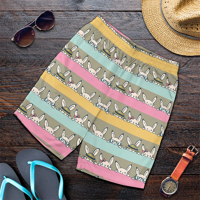 

New 3D Cartoon Rabbit Graphic Beach Shorts Men Women Animal Print Surf Board Trunks Hawaii Swimwear Pants Kids Cool Ice Shorts