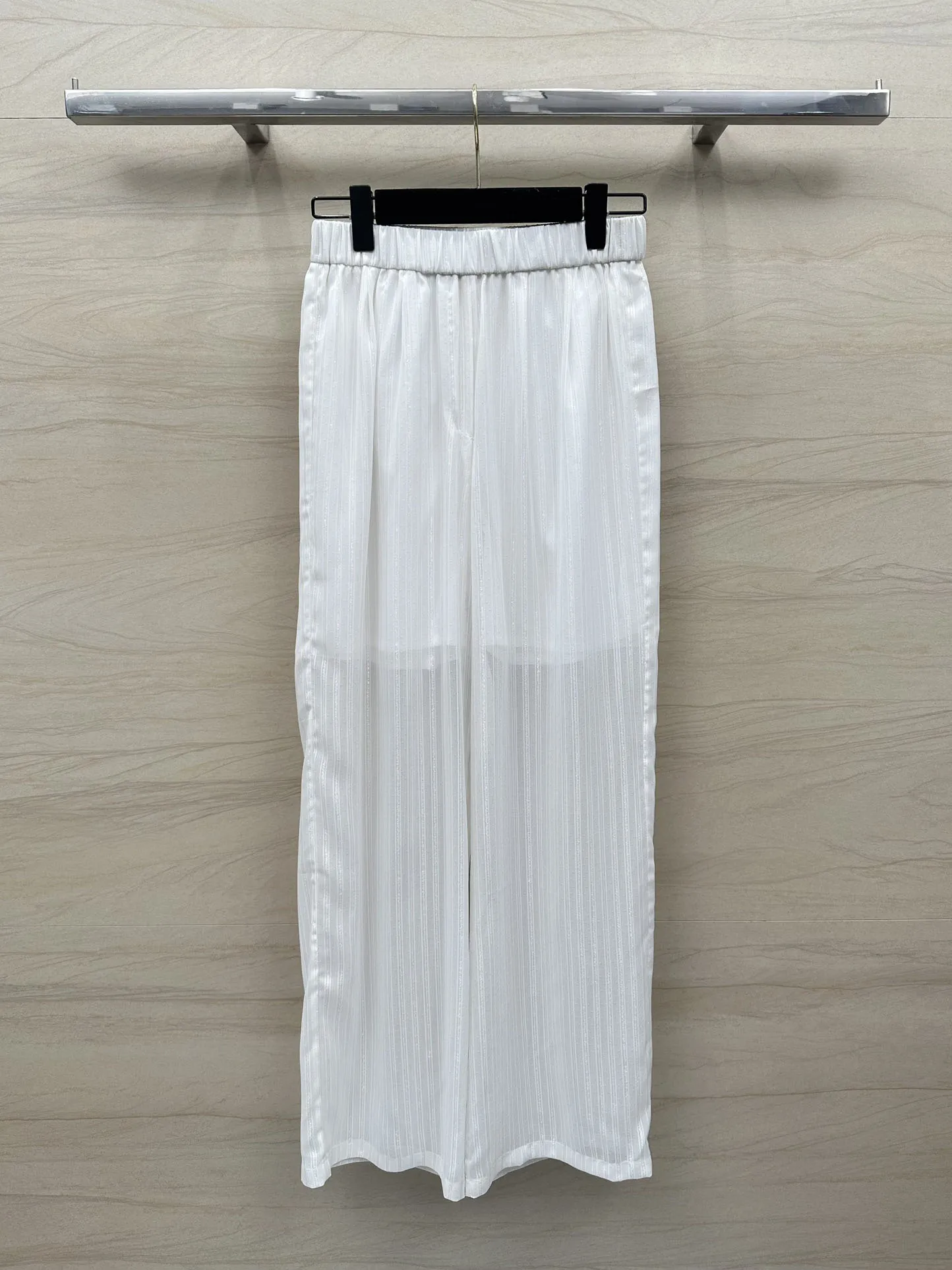 

2024 Summer New Women's Wear Classic Elegant White Medium High Waist Elastic Design Striped Pants 0516