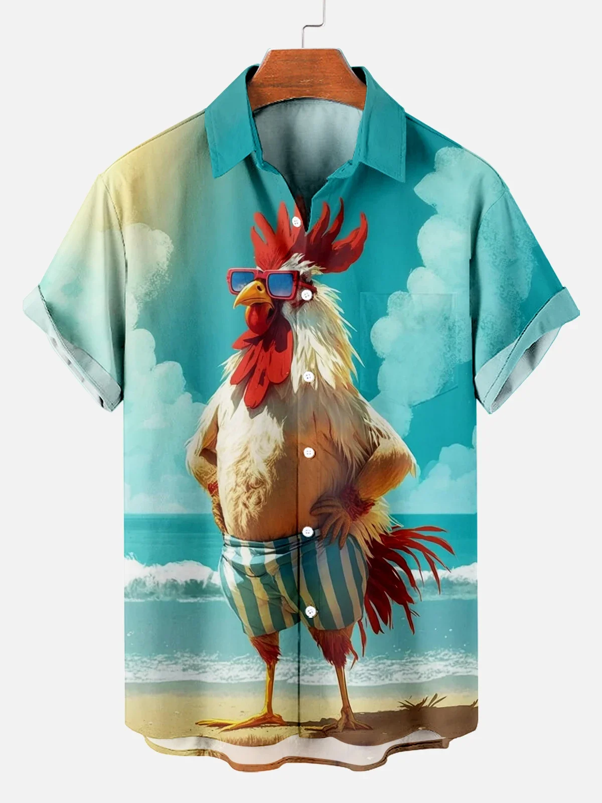 2024 Funny Rooster Beach Hawaii Casual 3D Print Turndown Collar Shirt casual  Short Sleeve Shirt Summer loose Shirts For Boys