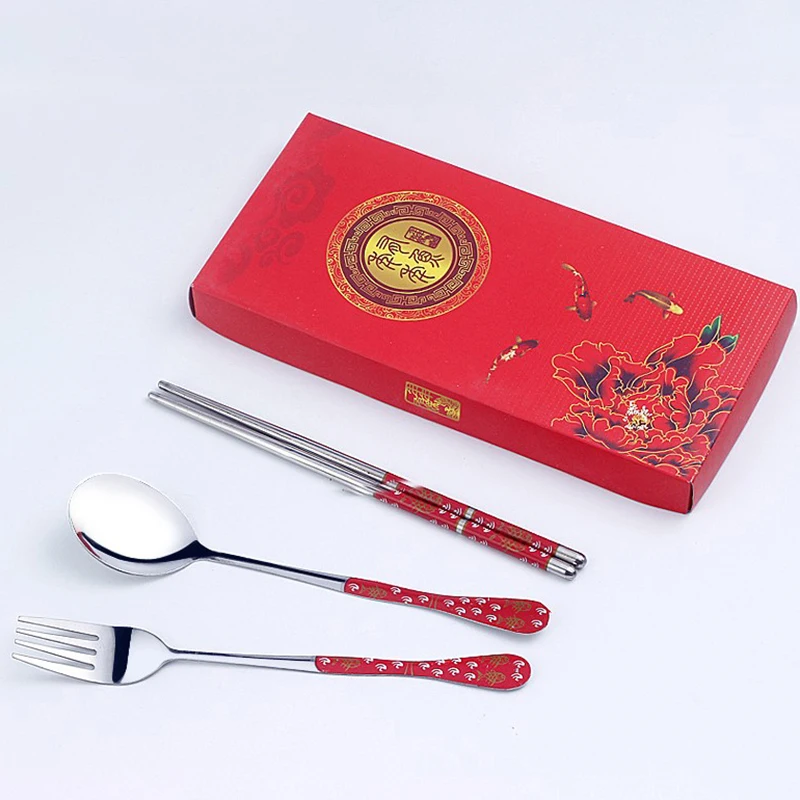 Set da 3 pezzi di stoviglie in porcellana blu e bianca bacchette in acciaio inossidabile cucchiaio forchetta confezione regalo Set di stoviglie da viaggio portatile