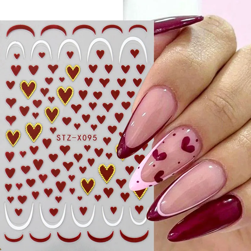 2pcs Mini Love Heart Nail Art Sticker Decals Cute Valentine Designs 3D Adhesive Slider Simple French Manicure Decoration Tips