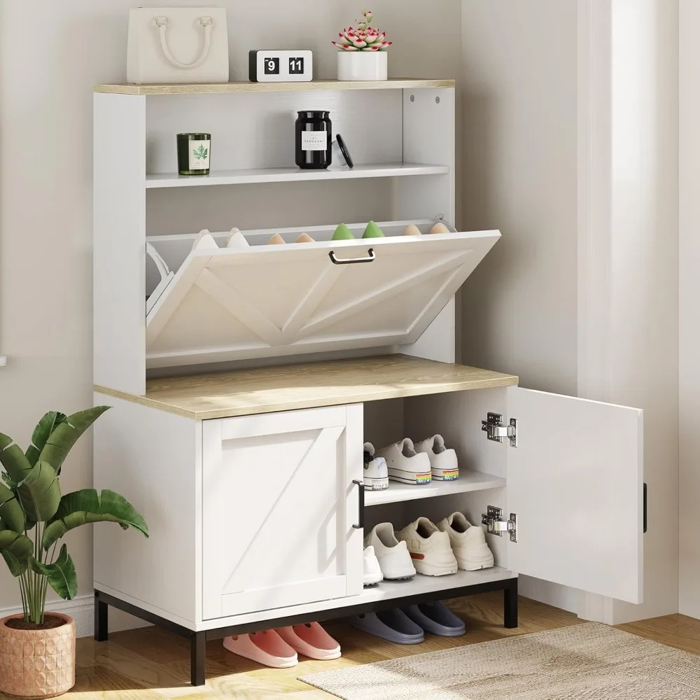 Narrow Farmhouse Style Shoe Cabinet with Flip Drawer and Door Organizer for Efficient Storage